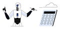 Robot with pen and calculator exploring cloud-based technology for digital calculations Royalty Free Stock Photo