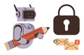 Robot with Pencil Representing Writing and Cybersecurity Concepts with Lock and Envelopes Royalty Free Stock Photo