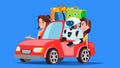 Robot And People Travelling By Car With Suitcases Vector. Autonomous Car. Isolated Illustration