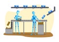 Robot and people vector illustration, cartoon flat machine working on conveyor belt, packing products from transporter