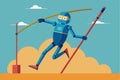 Robot performs pole vault in a vibrant outdoor setting with clouds and a clear sky during a sunny day Royalty Free Stock Photo