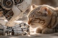 Robot pet care technology with mechanical hand gently interacting with calm tabby cat in soft natural light Royalty Free Stock Photo