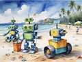 A robot picks up trash on an island beach in summer.