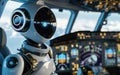 Robot pilot assistant on a plane, copy space. AI centered world concept. Automation, robotics, machine learning, artificial Royalty Free Stock Photo
