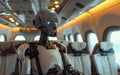 Robot pilot assistant on a plane, copy space. AI centered world concept. Automation, robotics, machine learning, artificial Royalty Free Stock Photo