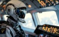Robot pilot assistant on a plane, copy space. AI centered world concept. Automation, robotics, machine learning, artificial Royalty Free Stock Photo