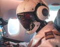 Robot pilot operating aircraft cockpit with visible reflections Royalty Free Stock Photo