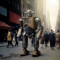 Robot playing in a futuristic city, steam punk, mecanic. Futuristic plot, a old robot in the city.