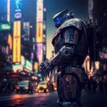 Robot playing in a futuristic city, steam punk, mecanic. Futuristic plot, a old robot in the city.