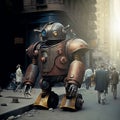 Robot playing in a futuristic city, steam punk, mecanic. Futuristic plot, a old robot in the city.