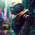 Robot playing in a futuristic city, steam punk, mecanic. Futuristic plot, a old robot in the city.