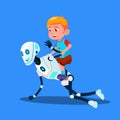 Robot Playing With Little Kid Boy Sitting On His Back Vector. Isolated Illustration Royalty Free Stock Photo