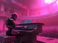 Robot playing piano in an empty theater with pink lighting Royalty Free Stock Photo