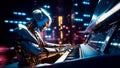 Robot playing piano in front of cityscape at night. Generative AI Royalty Free Stock Photo
