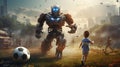 Robot playing soccer with children, urban background, dramatic sky. Futuristic. AI Generated