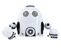 Robot pointing at blank banner. Isolated. Contains clipping path Royalty Free Stock Photo