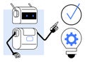 Robot pointing at a checkmark and a gear-filled lightbulb, representing automation and innovation Royalty Free Stock Photo