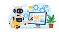 Robot pointing at computer screen displaying analytics, representing ai in business Royalty Free Stock Photo