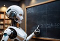 Robot pointing fingers on a blackboard in a class. Generative AI