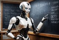 Robot pointing fingers on a blackboard in a class. Generative AI