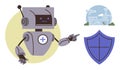 Robot Pointing at Shield and Airport Illustration Representing Security, Protection, and Technology Royalty Free Stock Photo