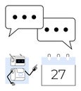 Robot pointing to calendar date with speech bubbles representing a conversation about scheduling