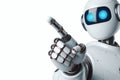 The robot points its hand to the right with blue eyes, demonstrating the action. Space for text. Royalty Free Stock Photo