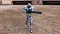 Robot police officer with large cannon explores abandoned buildings.