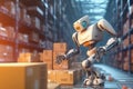 robot pose worker in the box warehouse with Ai Generated Royalty Free Stock Photo
