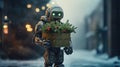 Robot postman delivers Christmas tree branches decorated with balls in carton.