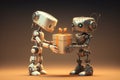 robot presenting beautifully wrapped gift box to its lover