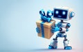 Robot presents a gift over blue background, generative AI illustration with copy space