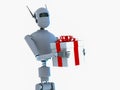 A robot presents a gift with a red bow