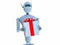 A robot presents a gift with a red bow