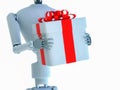 A robot presents a gift with a red bow