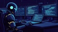 Robot Programmer Coding on Computer Screens, Artificial Intelligence Technology Royalty Free Stock Photo