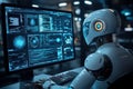 Robot programmer working on computer code futuristic technology artificial intelligence Royalty Free Stock Photo