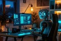 Robot programmer working late at night in modern office with glowing screens and cozy lighting Royalty Free Stock Photo