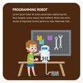 Robot Programming Flat Banner. Young Engineer Boy