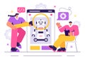 Robot Programming Vector Illustration Featuring an Artificial Intelligence Robot Interacting with a Digital Data Interface