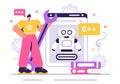 Robot Programming Vector Illustration Featuring an Artificial Intelligence Robot Interacting with a Digital Data Interface