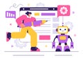 Robot Programming Vector Illustration Featuring an Artificial Intelligence Robot Interacting with a Digital Data Interface