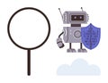Robot Protecting Data with Shield Next to Magnifying Glass and Cloud Icon Royalty Free Stock Photo