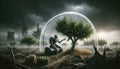 Robot Protecting Tree in a Dome During Apocalypse Royalty Free Stock Photo