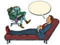 Robot psychotherapist in a psychotherapy session with a patient, bored and asleep