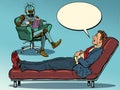 A robot psychotherapist at a psychotherapy session with a patient, laughs and listens to a businessman, sits in a chair