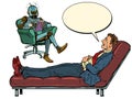 A robot psychotherapist at a psychotherapy session with a patient, laughs and listens to a businessman, sits in a chair