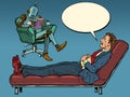 A robot psychotherapist at a psychotherapy session with a patient, listens to a businessman, sits in a chair and makes