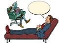 A robot psychotherapist at a psychotherapy session with a patient, listens to a businessman, sits in a chair and makes