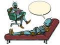 A robot psychotherapist at a psychotherapy session with a patient, listens to the robot, laughs and makes notes in a
